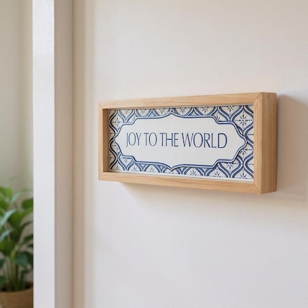 Homeroots 5" X 12" Blue And White Christmas Joy To The World Wood Framed Art 634265