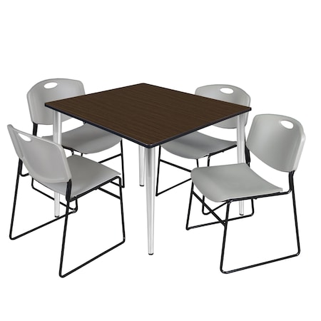Regency Square Kahlo Breakroom Table W/ 4 Zeng Stack Chairs, 48 in W, 48 in L, Neo Walnut TPL4848NWCM44GY