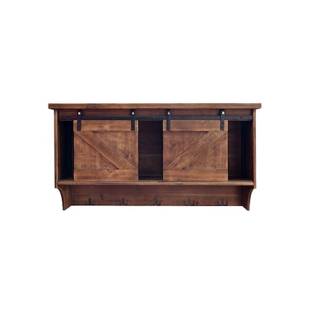 Homeroots 40in Brown Wood Five Hook Shelf With Barn Door Storage 370380