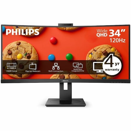Tvp Philips 34" Curved Monitor, LED, WQHD (3440x1440), USB-C, Webcam, 4 Year Adv Warranty 34B1U5600CH