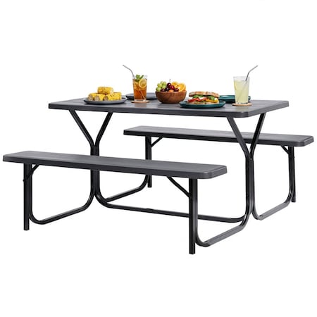 Gardenised Gray Outdoor Picnic Table Set with Benches, & Sturdy Metal Frame, Weather-Resistant, Seats 6 QI003911GY