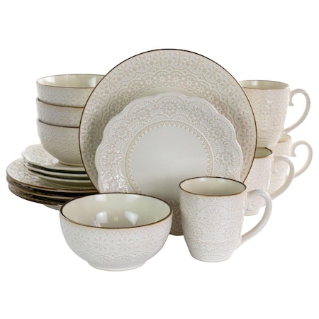 Fastfood 16 Piece Contessa Embossed Scalloped Stoneware Dinnerware Set, Ivory FA2614813