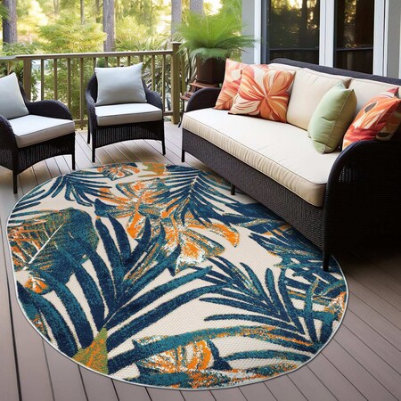 World Rug Gallery Tropical Leaves Indoor/Outdoor Area Rug 5 ft x 7 ft Oval Multi 8012MULTI5OV