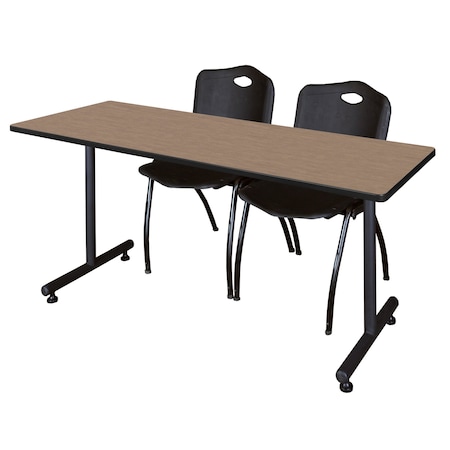Regency Kobe T-Base Training Seminar Table W/ 2 M Stack Chairs, 66 in W, 24 in L, Noble Oak MKTRCT6624NO47BK