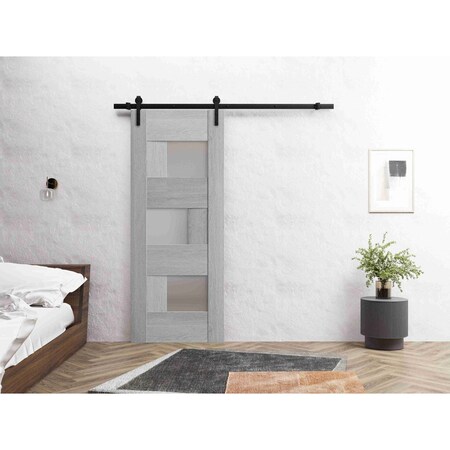Vdomdoors Sturdy Barn Door 42 x 84in, Light Grey Oak W/ Frosted Glass, 8FT Rail Hangers Heavy Hardware Set SETE6933BD-B-OAK-4284
