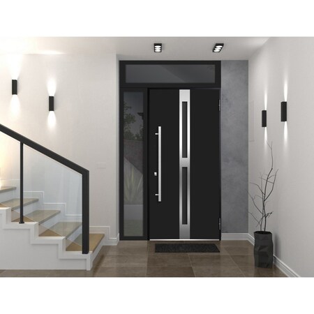 Vdomdoors Steel Door Deux 1755 Black Enamel Sidelight and Transom Window Stainless Inserts Single Modern Pain DEUX1755EXD-BLK-W36+16 x H80+16-Left-hand Inswing