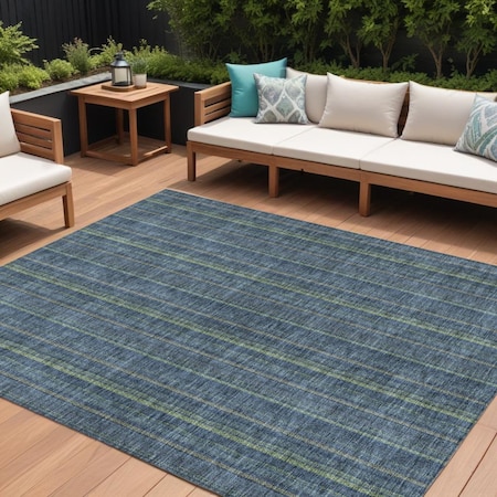 Homeroots 9' X 12' Blue Denim Blue And Mint Green Striped Washable Indoor Outdoor Area Rug 615041
