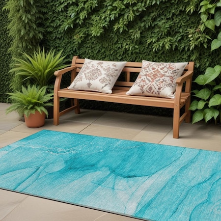 Homeroots 8' Runner Teal Abstract Washable Non Skid Indoor Outdoor Runner Rug 559776