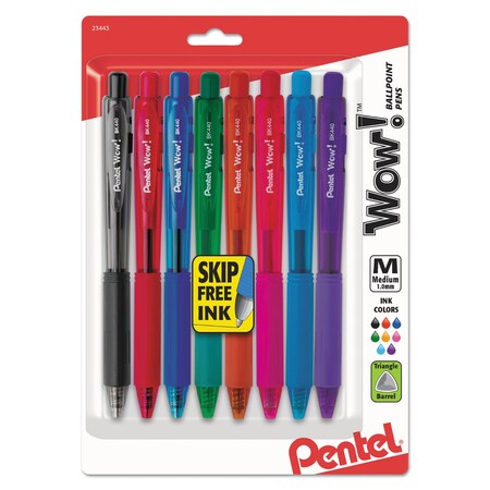 Pentel WOW! Ballpoint Pen, Retractable, Medium 1 mm, Assorted Ink and Barrel Colors, 8PK BK440CRBP8M