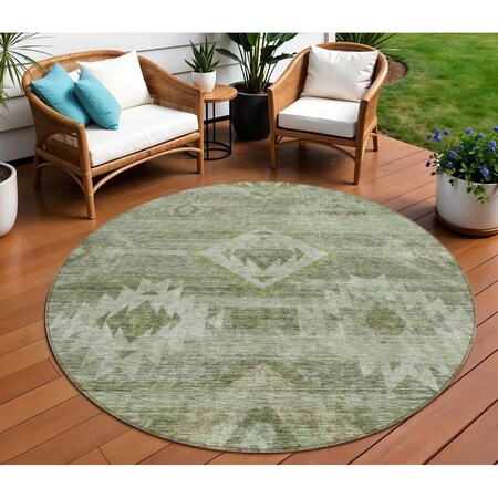 Homeroots 8' Olive Green And Fern Green Round Southwestern Washable Indoor Outdoor Area Rug 588716