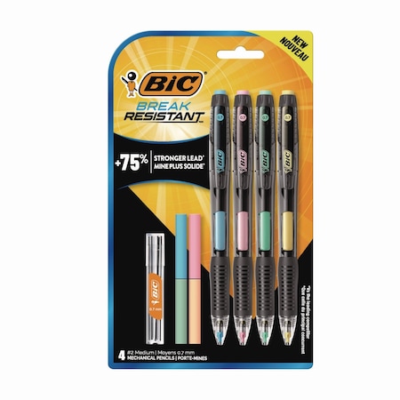Bic Break-Resistant Mechanical Pencils with Erasers, 0.7 mm, HB (#2), Black Lead, Assorted Colors, 4PK MV7PRP4-BLK