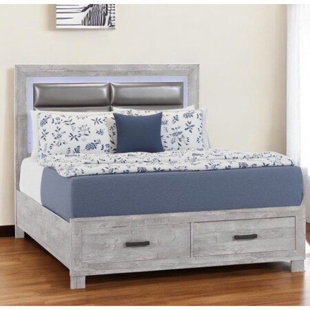 Homeroots Gray Faux Crystal Bling Distressed Wood And Faux Leather Lighted King Bed Frame With Two Drawers 564773