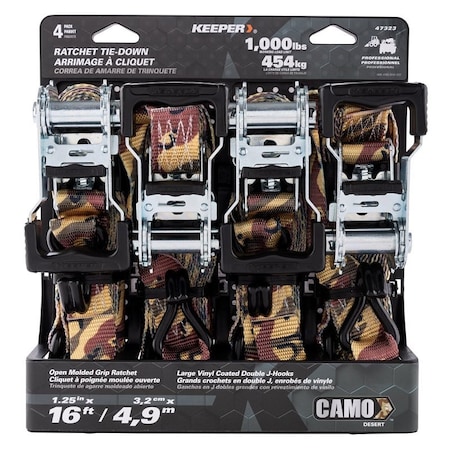 Keeper Ratchet Tie-Down with Open Handle, 1-1/4 in W, 16 ft L, Camo, 1000 lb Working Load, J-Hook End 47323