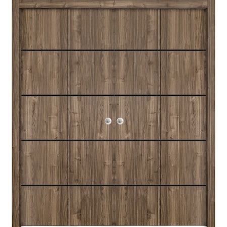 Sartodoors Sliding Closet Double Bi-fold Doors, Planum 0015 Walnut and Aluminum Strips, Sturdy Tracks Moldings PLANUM0015DBF-WLN-72 x 80 (4* 18x80)