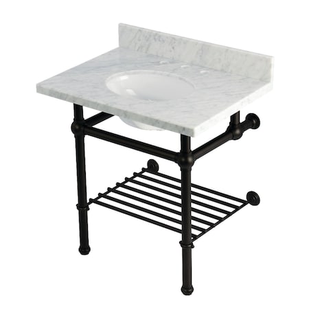 Kingston Brass 30-Inch Carrara Marble Console Sink with Brass Legs and Shelf, 8-Inch, 3-Hole KVPB3030MBB5