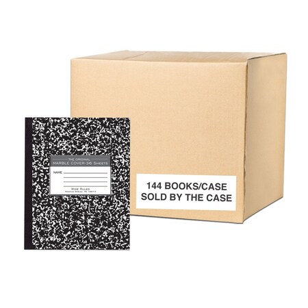 Roaring Spring Case of Black Marble Composition Notebooks, Wide Ruled, 36 sht, 8.5"x7", Flexible Covers, PK144 77332CS