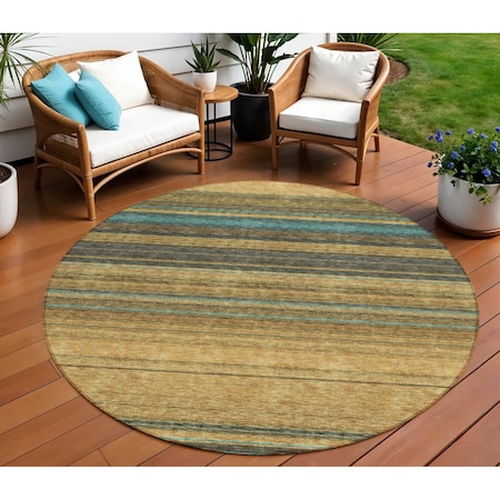 Homeroots 8' Wheat Brown And Teal Blue Round Striped Washable Indoor Outdoor Area Rug 614853