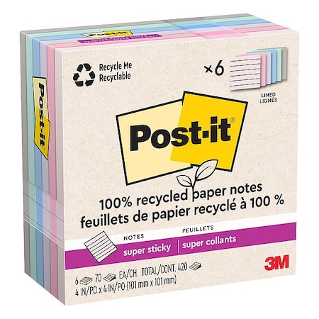 Post-It Sticky Notes, 70 Sheets, Ruled, 4" x 4", PK6 675R-6SSNRP