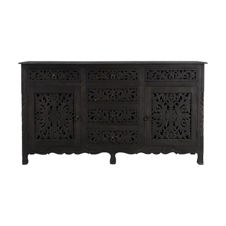 Homeroots 66in Black Distressed Solid Wood Carved Floral Six Drawer Sideboard With Two Doors 521378
