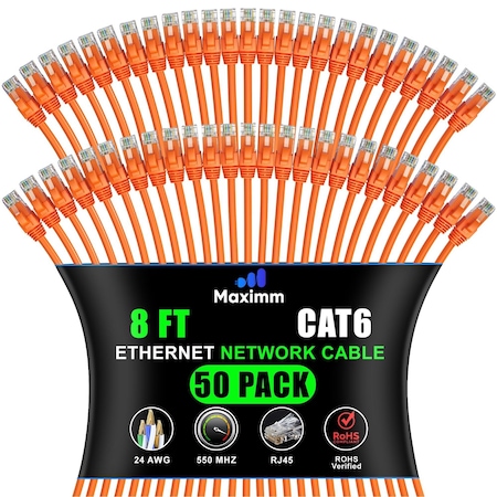Maximm Cat6 Ethernet Cable 8ft 10Gbps 550MHz UTP, 50PK, Orange, 50PK CAT6CCA-8OR-50PK