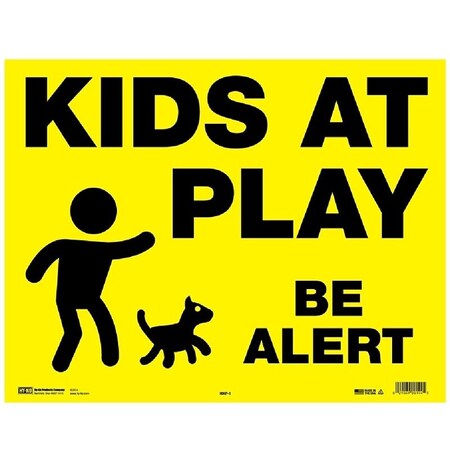 Hy-Ko Yard Sign, KIDS AT PLAY BE ALERT, Black Legend, Yellow Background, Corrugated Plastic MKP-1