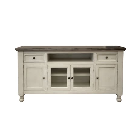 Homeroots 79" Ivory Solid Wood Open shelving Distressed TV Stand 528714