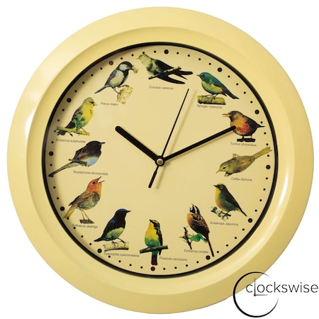 Clockswise 12in Round Battery-Operated Singing Bird Wall Clock with Wild Nature Sounds & Non-Ticking, Yellow QI004820.YL