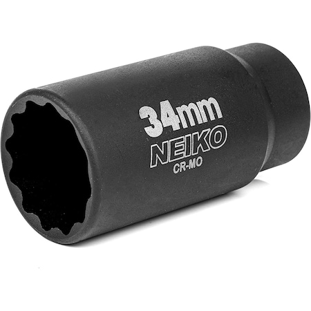 Neiko 0.5 in Drive 12-Point CrMo Steel Deep Impact Socket, 34 mm Size 02525A