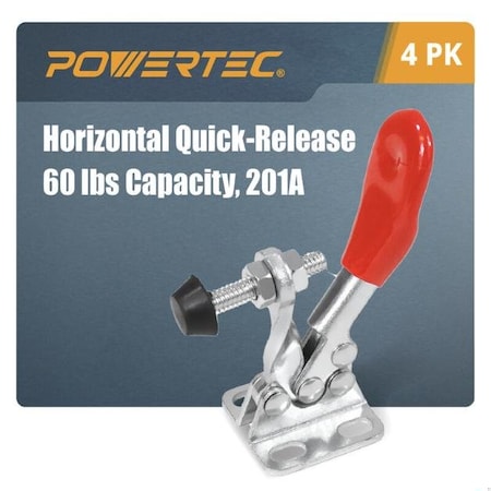 Powertec Toggle Clamp, 60 lbs Cap., 201A Quick Release Horizontal Clamps, Antislip Rubber Pressure Tip, 4PK 20329N