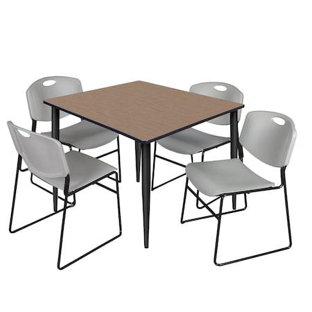 Regency Square Kahlo Breakroom Table W/ 4 Zeng Stack Chairs, 48 in W, 48 in L, Noble Oak TPL4848NOBK44GY