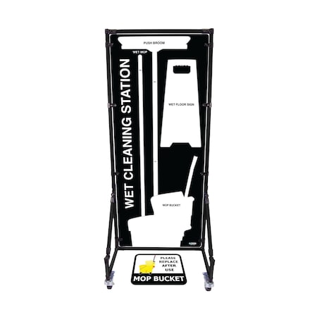 5S Supplies Housekeeping Shadow Board Broom Station V18, Black / White, Kit + Stand HSB-V18-BLACK/WHITE-KIT-STAND