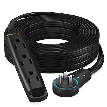 Maximm 25ft 16AWG 3-Outlet 360 degrees Flat Plug Extension Cord w/ Loop, UL, Black ADW-360-C3F25-16B0