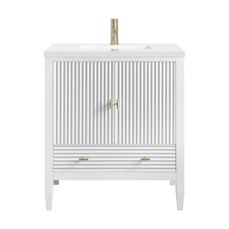 James Martin Vanities Myrrin 30" Sgl Vanity, Bright White w/Sgl Hole 3 CM White Zeus Silestone Top and Matching Backsplash 485-V30-BW-1WZ