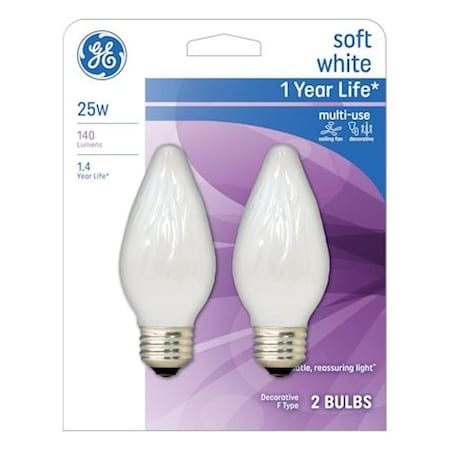 Ge Ceiling Fan Bulb, 25 W, F15 Lamp, E26 Medium Lamp Base, 100 Lumens, 2400 K Color Temp, PK2 75338