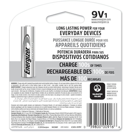 Energizer Precharged Recharg Battery, 9V, NiMh NH22NBP
