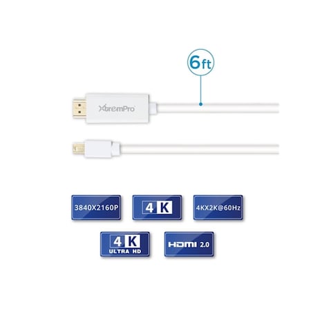 Xtrempro 6 ft. Mini Displayport to HDMI Cable Mini DP to HDMI DP Thundebolt Port - White 11165