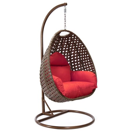 Leisuremod Beige Wicker Hanging Egg Swing Chair with Red Cushions ESCBG-40R
