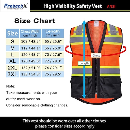 Protectx Class 2 Hi Vis Safety Vest, Reflective Strips, Zipper Front, ANSI Certified, Lime Orange SV-120SS4-ORBK-XXXL