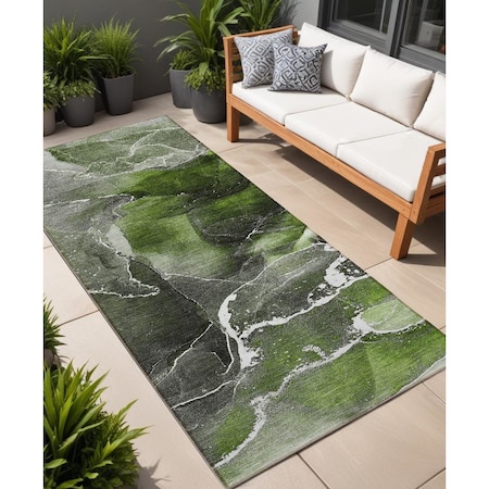Homeroots 8' Runner Green Abstract Washable Non Skid Indoor Outdoor Runner Rug 559452