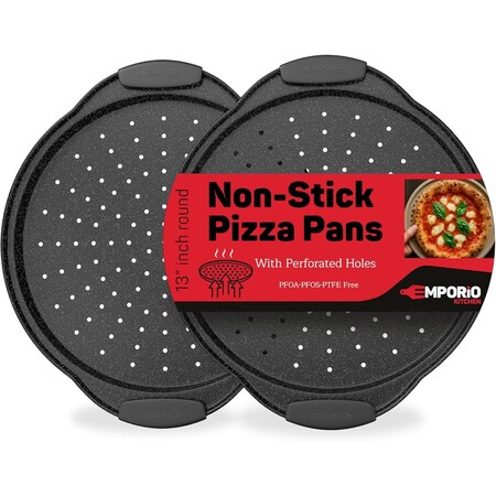 Emporio Kitchen Non-Stick Pizza Pan with Silicone Handle, 2 Pack, 13in Carbon Steel, Perforated, Gray Marble EKPIZAPSILGRY2