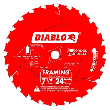 Diablo CircularSawBlade, Carbide, Dia:7.25" D0724W
