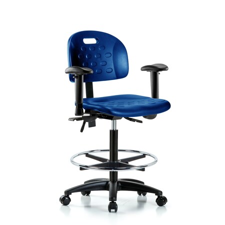 Blue Ridge Ergonomics Poly Chair, High Bench, Tilt, Arms, Foot Ring, Casters, Blue BR-HPHBCH-RG-T1-A1-CF-RC-BLU