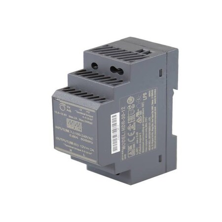 Meanwell Mean Well - AC-DC Ultra slim DIN rail power supply; Input range 85-264VAC; Output 12VDC at HDR-30-12