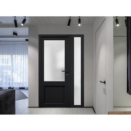Vdomdoors Front Exterior Prehung FiberGlass Door Frosted Glass / Manux 8422 Matte Black / Sidelight Exterior MANUX8422EXD-BLK-W36+12 x H80-RH
