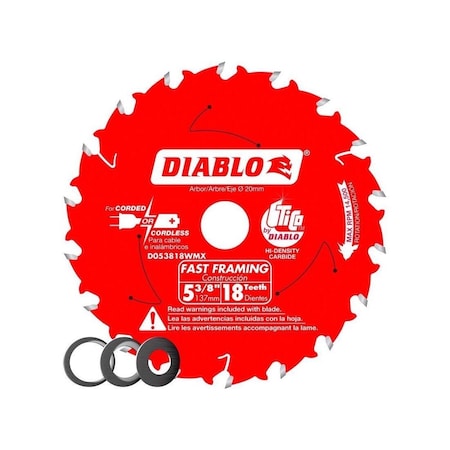 Diablo Saw Blade, 5-3/8 in Dia, 1/2 in, 5/8 in, 10 mm Arbor, 18-Teeth, Applicable Materials: Wood Red D053818WMX