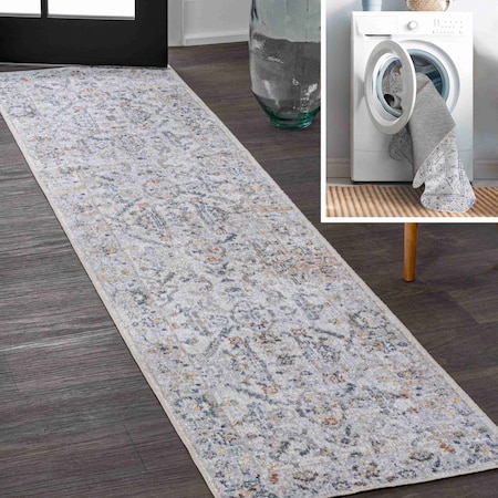 Jonathan Y Brandy Rustic Border Low-Pile Machine-Washable Light Gray/Blue 2 ft. x 8 ft. Runner Rug WSH321B-28
