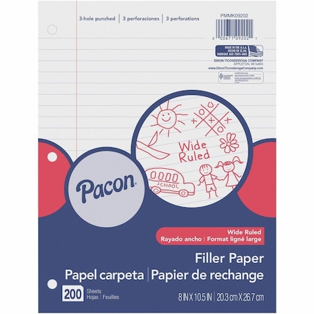 Pacon Wide Ruled Filler Paper, White, 200PK PACMMK09202