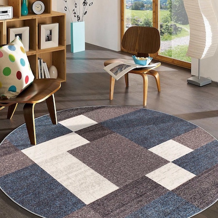 World Rug Gallery Contemporary Modern Geometric Boxes Design Non-Slip Area Rug 8 ft Round Blue 506BLUE8RND