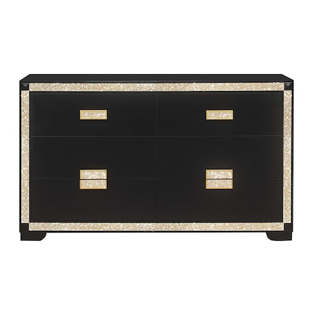 Homeroots 62" Black And Gold Faux Crystal Bling Wood Six Drawer Double Dresser 564668