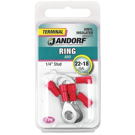 Jandorf Ring Terminal, 22 to 18 AWG Wire, 1/4 in Stud, Vinyl Insulation, Copper Contact, Red 60975